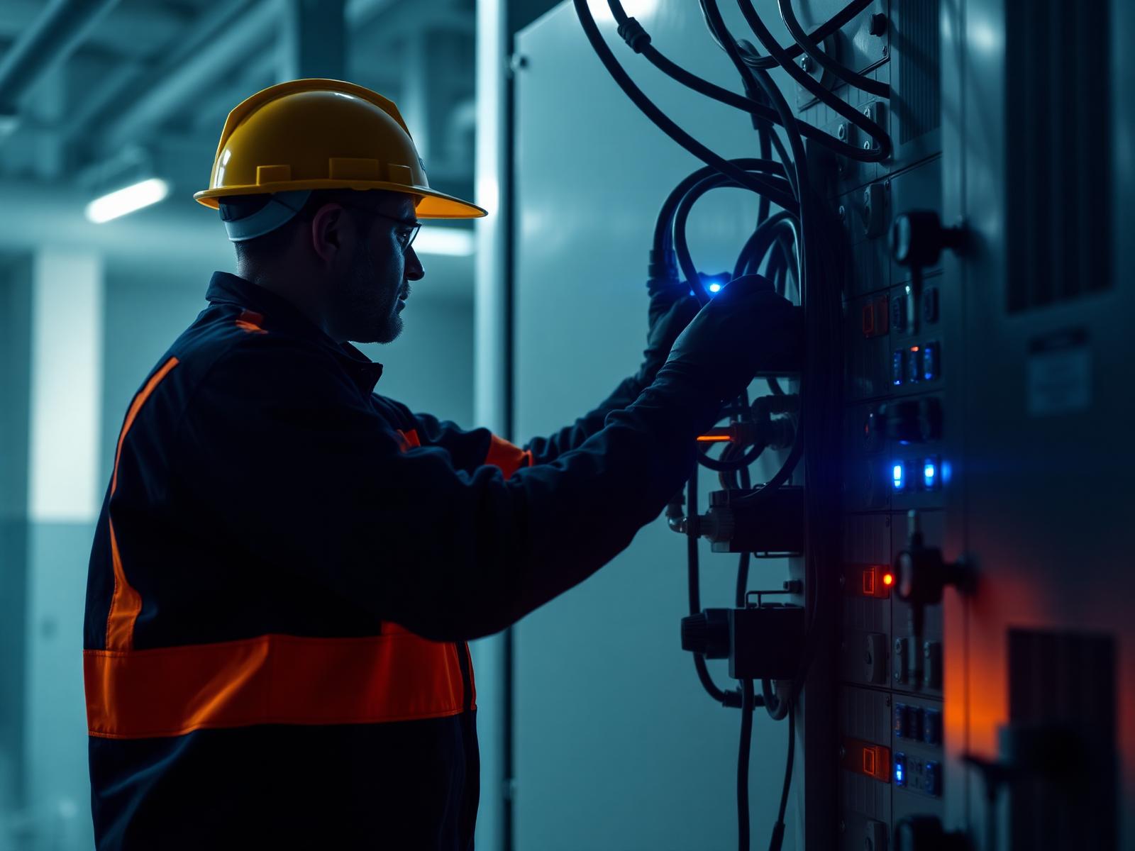 Kress Electric technician working on an industrial power distribution panel